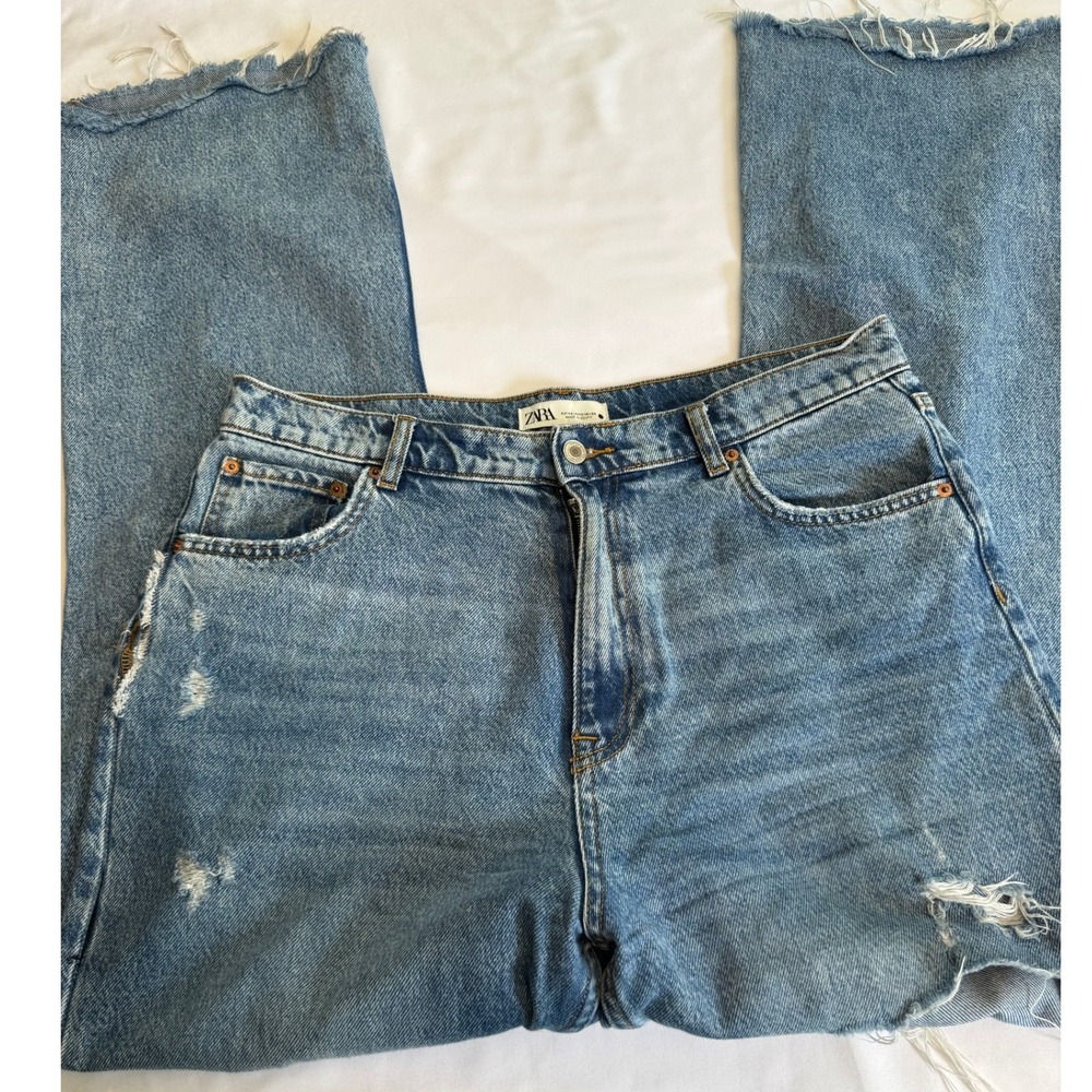 Zara Premium Denim Collection Distressed High Rise Straight Leg Jeans Blue 12